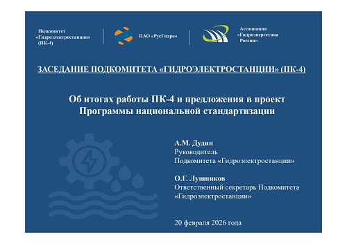 Презентация "Заседание подкомитета "Гидроэлектростанции" (ПК-4) "Об итогах работы ПК-4 и предложения в проект  Программы национальной стандартизации""